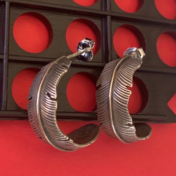 Navajo Handmade Marked CC Sterling Silver Feather Hoop Earrings