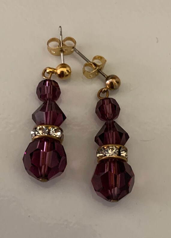 Purple and Clear Crystal Dangling Pierced Earrings - image 3