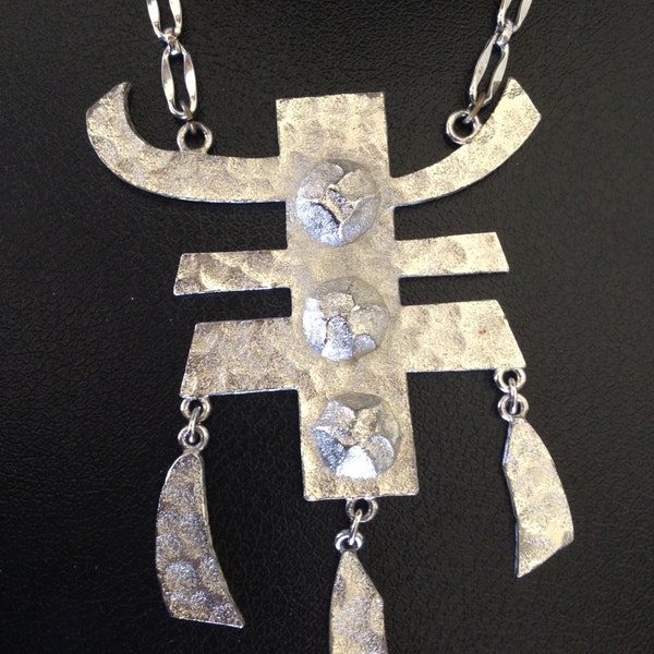 Huge 1970's Signed Napier Brushed and Hammered Silver Tone Abstract Asian Inspired Symbol