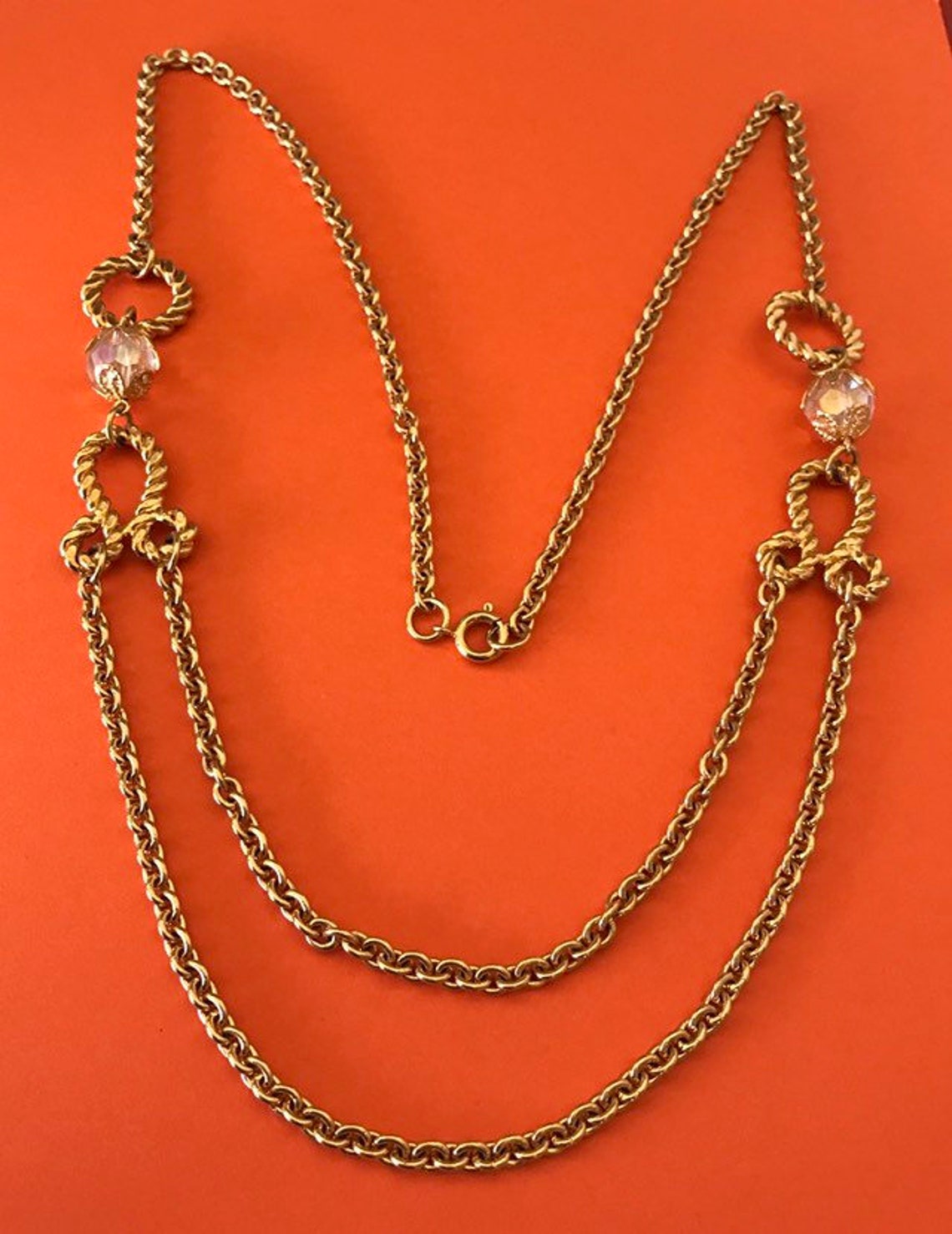 Long Gold Plated Two Layer Swag Chain Necklace With Faceted Etsy