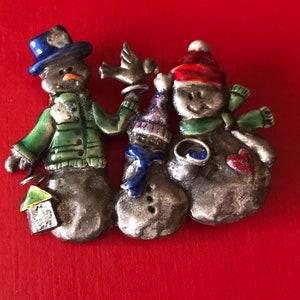 Vintage TC Pewter and Enamel Snowman Family Brooch