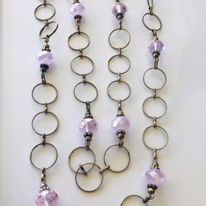 Faceted Pink Bead and Brass Tone Ring Link Decorative Over The Head Necklace