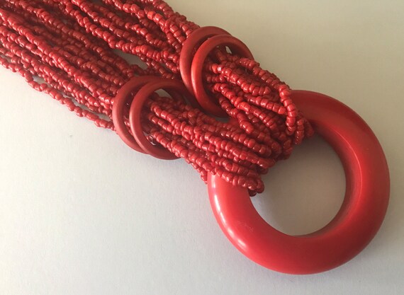 Multistrand Vintage Coral Red and Silver Glass Se… - image 5
