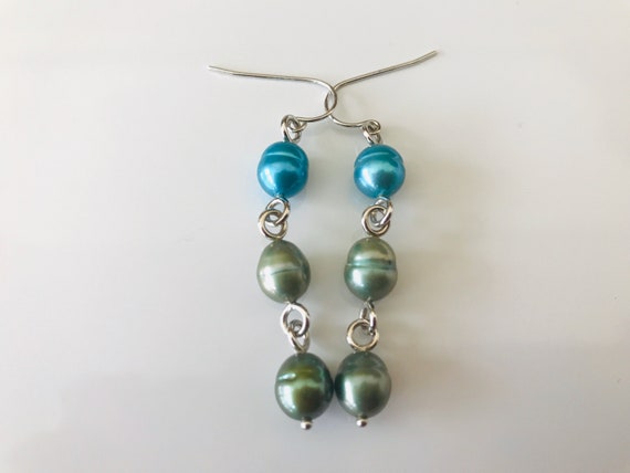 Genuine Turquoise and Green Pearl Dangle Earrings - image 6