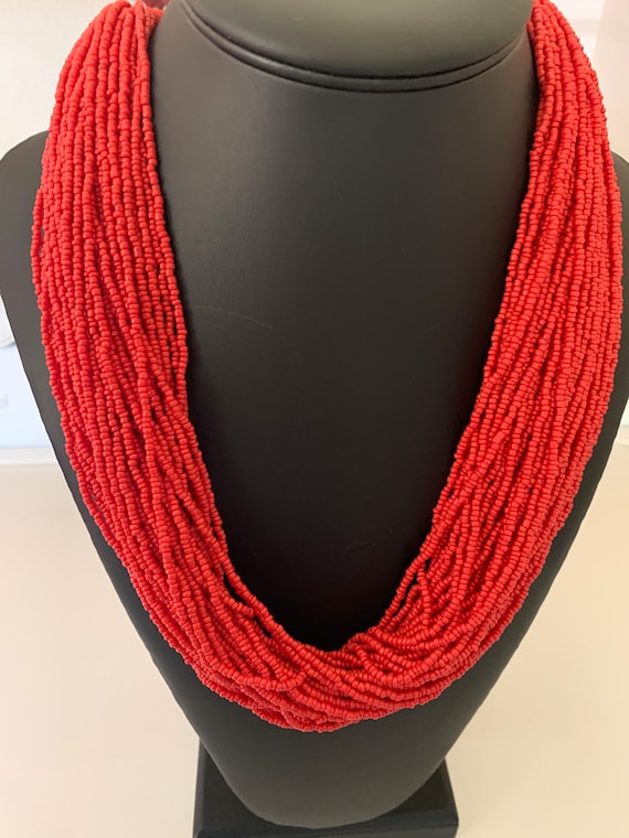 50 layer Red Seed Bead Necklace with String Wrapp… - image 1