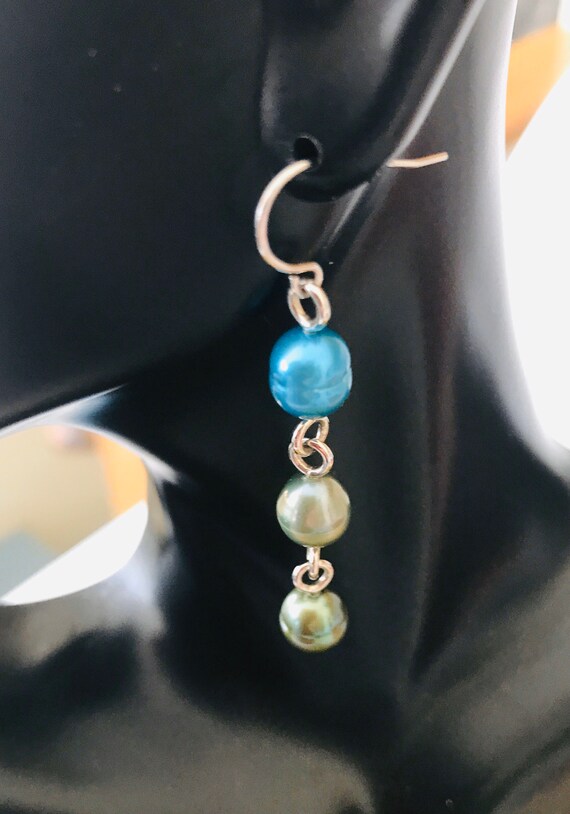 Genuine Turquoise and Green Pearl Dangle Earrings - image 2