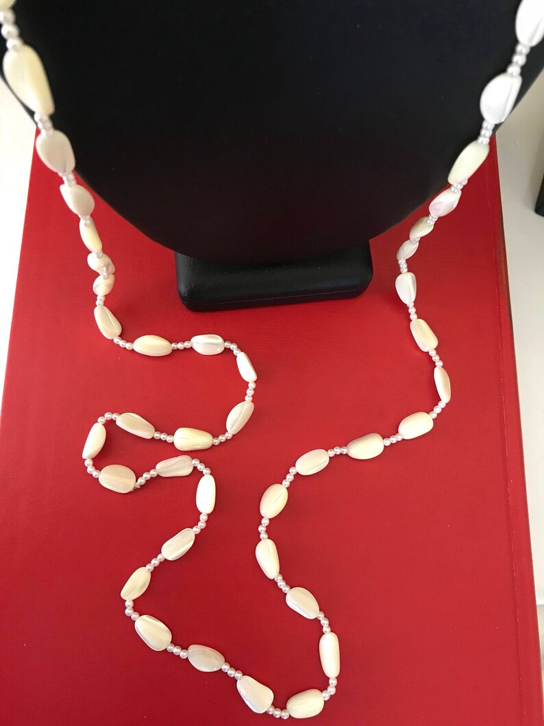 Long Mother of Pearl Bead Necklace With Three Faux Pearl Spacers Between Each Bead image 2