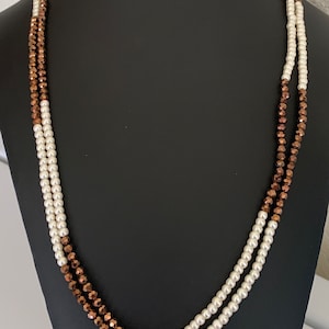 Long Lucite Faux Pearl and Faceted Brown Bead Necklace