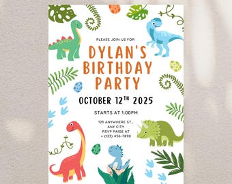 Bearbeitbare Dinosaurier-Geburtstagseinladung | Dino-Party einladen | Canva Vorlage | Druckbare Instant Download