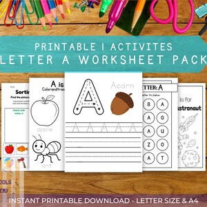 Puede incluir: Un conjunto de hojas de trabajo imprimibles para aprender la letra "A". Las hojas de trabajo presentan ilustraciones de una manzana, una hormiga y una bellota, junto con ejercicios de trazado y actividades de reconocimiento de letras. El texto "PRINTABLE I ACTIVITIES LETTER A WORKSHEET PACK" está visible.