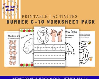 Paquete de actividades de números del 6 al 10: Hojas de trabajo de matemáticas para preescolar (imprimibles)