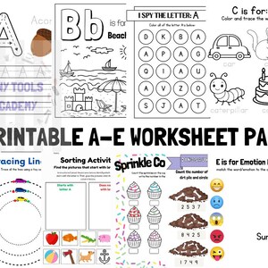 May include: A printable A-E worksheet pack with tracing, sorting, and counting activities. Includes letter recognition, matching emotions, and counting sprinkles. Features colorful illustrations of a car, cat, cake, and caterpillar. The text includes "Tiny Tools Academy".