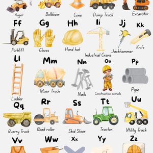 May include: A watercolour illustration of a construction alphabet. Each letter represents a different construction vehicle or tool, such as a bulldozer, excavator, and hard hat. The word "ZONE" is also visible.