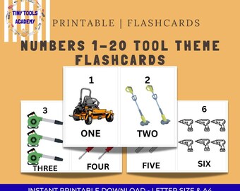 May include: Printable flashcards with a tool theme, featuring numbers 1-6. Each card displays a number and corresponding tool illustrations, such as a lawnmower, leaf blowers, and drills. The text "ONE", "TWO", "THREE", "FOUR", "FIVE", and "SIX" are also displayed.