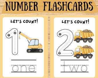 May include: Construction number flashcards with the text "Let's Count!" and the numbers one and two. Each card features a traceable number and a corresponding construction vehicle illustration. The bottom of the image reads "12 Pages | Printable | Instant Download."