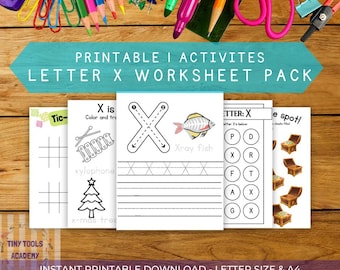 Könnte beinhalten: Eine Sammlung ausdruckbarer Arbeitsblätter für Kinder mit dem Buchstaben "X". Die Arbeitsblätter umfassen Aktivitäten wie das Nachzeichnen des Buchstabens, das Erkennen von Objekten, die mit "X" beginnen, und andere Lernspiele.