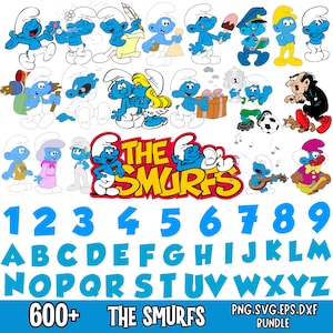 Puede incluir: Un paquete gráfico digital con varios personajes de los Pitufos en diferentes poses, junto con números y letras azules. El texto "THE SMURFS" se muestra de forma destacada, con texto adicional que indica formatos de archivo.