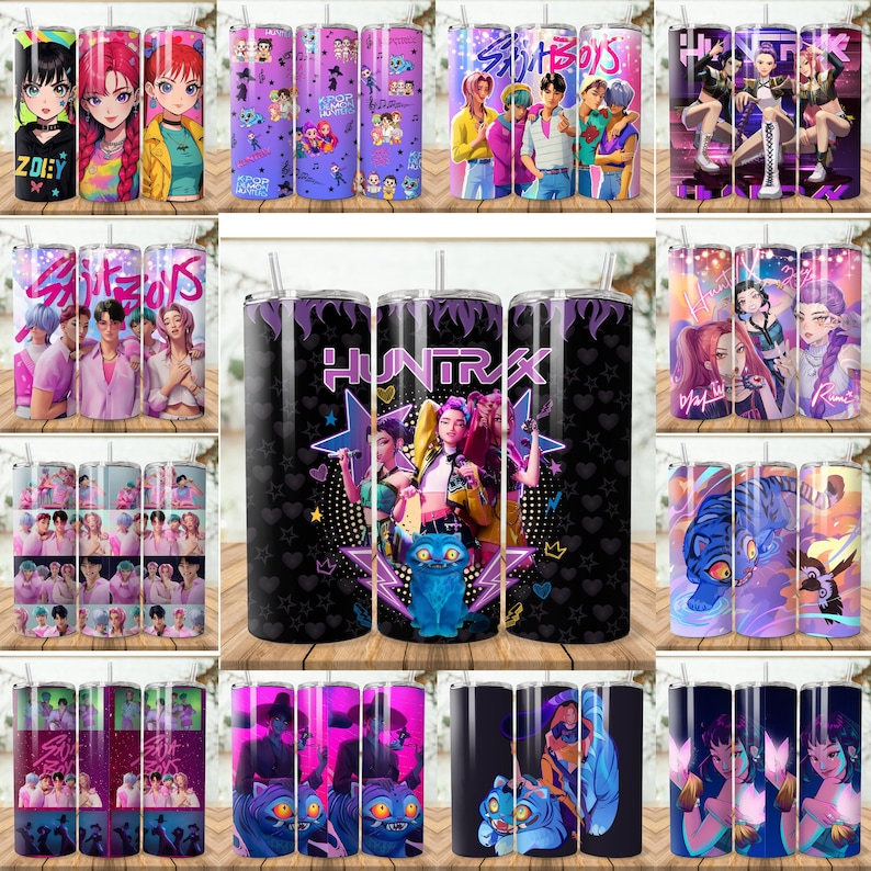 Puede incluir: Una colecci&oacute;n de vasos de acero inoxidable con varios dise&ntilde;os. Los vasos presentan ilustraciones de estilo anime, miembros de bandas y arte gr&aacute;fico. Los colores incluyen rosa, morado, azul y negro. Algunos vasos tienen el texto "ZOEY" y "HUNTRAX".