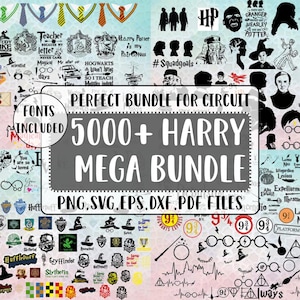 May include: A collection of Harry Potter-themed digital designs, including graphics, text, and icons. The image features various elements such as the Hogwarts crest, character silhouettes, and quotes. The text reads "5000+ Harry Mega Bundle" with file formats listed.