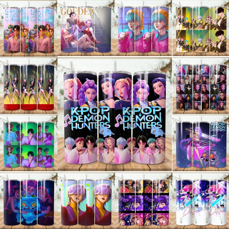 Puede incluir: Una colecci&oacute;n de vasos de acero inoxidable con varios dise&ntilde;os tem&aacute;ticos de K-Pop. Los vasos presentan ilustraciones vibrantes de estrellas de K-Pop, personajes de estilo anime y el texto "K-Pop Demon Hunters". Cada vaso incluye una pajita y una tapa.