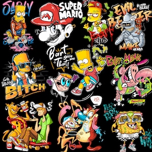 May include: A black graphic featuring various cartoon characters in a graffiti art style. Characters include Bart Simpson, Super Mario, Bender, and others. Text includes "SUPER MARIO BROS.", "Bart give me that!", and "Make the day!"
