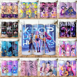Puede incluir: Una colecci&oacute;n de vasos de acero inoxidable con varios dise&ntilde;os. Algunos vasos presentan personajes de estilo anime, mientras que otros muestran texto como "K-POP DEMON HUNTERS" y "SAJA BOYS". Los vasos est&aacute;n adornados con colores y gr&aacute;ficos vibrantes.