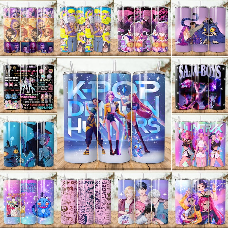 Puede incluir: Una colecci&oacute;n de vasos de acero inoxidable con varios dise&ntilde;os. Algunos vasos presentan personajes de estilo anime, mientras que otros muestran texto como "K-POP DEMON HUNTERS" y "SAJA BOYS". Los vasos est&aacute;n adornados con colores y gr&aacute;ficos vibrantes.