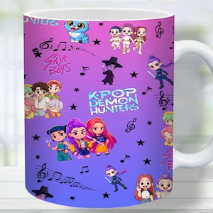 May include: White ceramic mug featuring a vibrant design with cartoon characters, musical notes, and stars on a gradient purple and blue background. The text "K-POP DEMON HUNTERS" is prominently displayed.