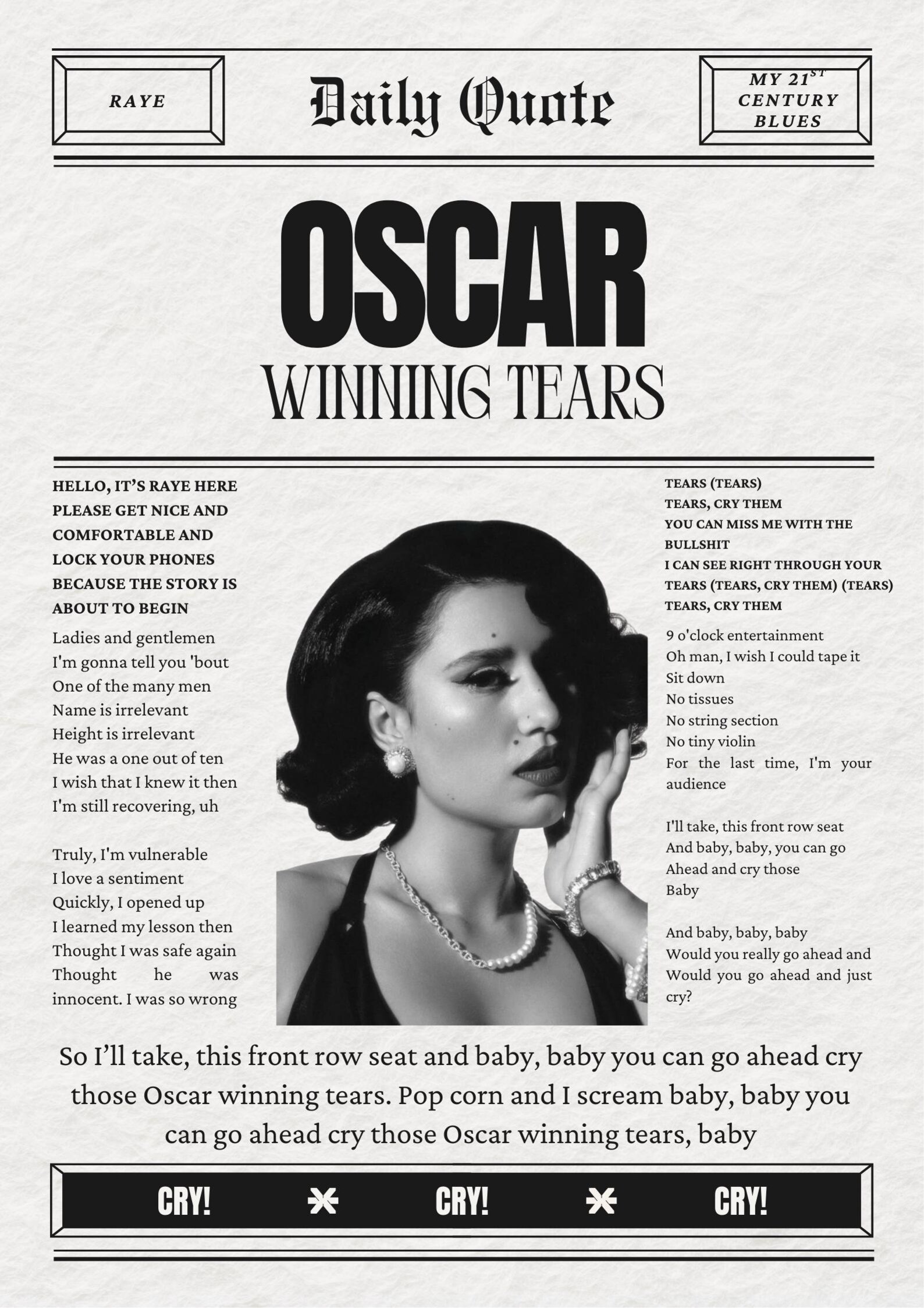 RAYE Oscar Winning Tears Poster | Digital Download Wall Art | Printable ...