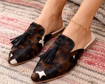 Handmade cow Print Leather Mules: Moroccan Pointed Toe Slippers
