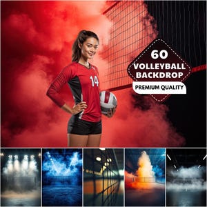 May include: A volleyball player in a red and black uniform holding a volleyball, with a red smoky background. The image includes a volleyball net and text that reads "60 Volleyball Backdrop Premium Quality."