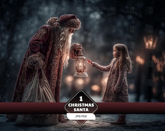 May include: A festive scene featuring Santa Claus in a red coat and a young girl. Santa holds a lantern with a warm glow, and the girl reaches out to touch it. The image has a snowy, wintery background. The text "1 Christmas Santa JPG File" is at the bottom.