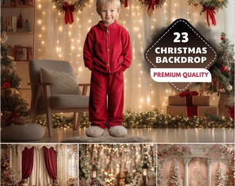 May include: A child in a red velour tracksuit poses before a Christmas backdrop. The backdrop includes wreaths with red bows, fairy lights, and a Christmas tree. A graphic reads "23 Christmas Backdrop Premium Quality".