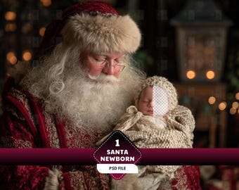 May include: Santa Claus holding a newborn baby wrapped in a knitted blanket. Santa is wearing a red and gold suit with a fur-trimmed hat. The image includes the text "1 SANTA NEWBORN PSD FILE".