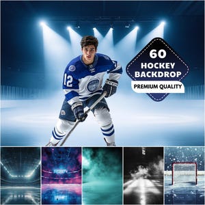 Könnte beinhalten: Ein Eishockeyspieler in einem blau-weißen Trikot mit der Nummer 12 steht auf einer Eisbahn und hält einen Hockeyschläger. Das Bild enthält den Text "60 Hockey Backdrop Premium Quality" und mehrere Hintergrundoptionen.