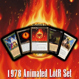 May include: A collection of five trading cards featuring fantasy illustrations, including The One Ring, Palantir of Orthanc, and Delighted Halfling. The cards are arranged in a fan shape against a fiery background with the text 1978 Animated LotR Set.