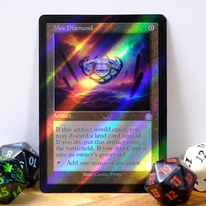 May include: A holographic Mox Diamond card with a black border, featuring a gem-like design and the text "Mox Diamond." The card is an artifact with instructions printed on it. Several dice are in the foreground.