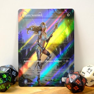 May include: A holographic trading card featuring the artwork of "Esper Sentinel." The card depicts a female figure in silver armor holding a spear, set against a fantasy landscape with a rainbow effect. Dice are visible in the foreground.