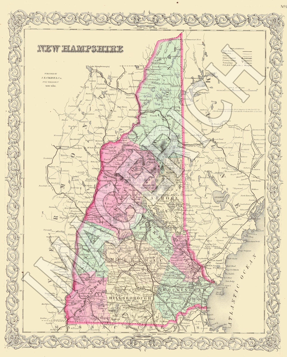 Vintage State Map New Hampshire 1856 Etsy
