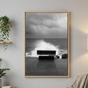 Black and White Ocean Wave Photography, Moody Coastal Bench Canvas Art, Minimalist Seascape Print