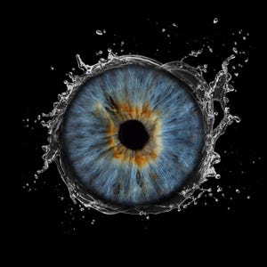 Puede incluir: Imagen detallada de un ojo humano con iris azul y marrón, rodeado por un chorro de agua. El ojo está centrado sobre un fondo negro, con gotas de agua dispersas.