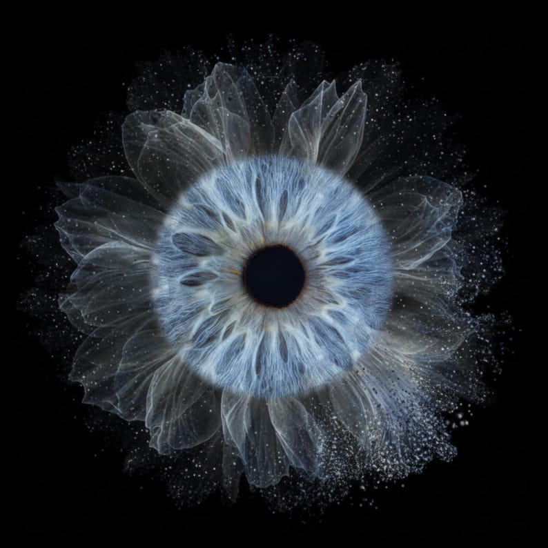 Puede incluir: Imagen detallada de un iris azul, que se asemeja a una flor, sobre un fondo negro. El iris presenta patrones intrincados y est&aacute; rodeado de delicados p&eacute;talos transl&uacute;cidos. El efecto general es art&iacute;stico y et&eacute;reo.