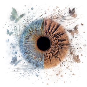 Könnte beinhalten: Digital bearbeitetes Bild eines menschlichen Auges, vertikal geteilt mit blauen und braunen Iris. Zarte Schmetterlinge und kleine Punkte umgeben das Auge und schaffen eine skurrile und künstlerische Komposition. Die Pupille ist schwarz.
