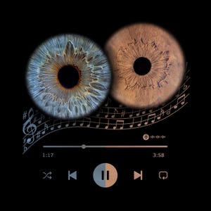 May include: A digital art piece featuring two detailed iris images, one blue and one brown, set against a black background. Musical notes and a music player interface are overlaid, suggesting a theme of sound and vision.