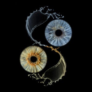 Puede incluir: Imagen impactante con dos iris humanos, uno azul y otro marrón, sobre fondo negro. Salpicaduras de agua forman un patrón yin-yang, conectando los ojos. Se destacan los intrincados detalles de los iris.