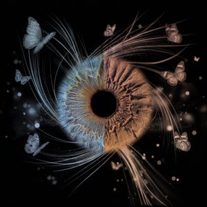 Puede incluir: Obra de arte digital que presenta un ojo detallado, dividido verticalmente con iris azules y marrones. Mariposas y estelas de luz arremolinadas rodean el ojo sobre un fondo negro, creando una composición artística surrealista.
