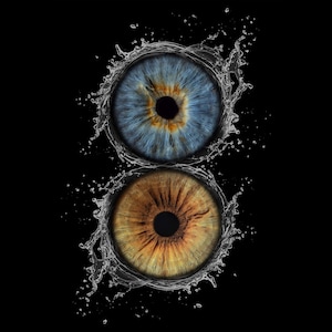 May include: Two human eyes, one blue and one brown, are surrounded by water splashes against a black background. The irises have intricate patterns, and the water droplets create a dynamic visual effect.