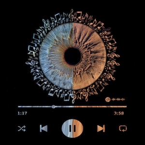 Könnte beinhalten: Digitales Kunstwerk, das ein Auge zeigt, das in blaue und braune Hälften geteilt ist und von Noten umgeben ist. Unten befindet sich eine Musikplayer-Oberfläche mit einer Wiedergabe-/Pause-Taste, Zeitanzeigen und Steuerungssymbolen, alles vor schwarzem Hintergrund.