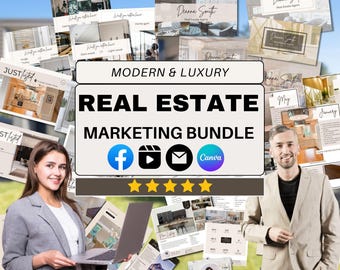 Paquete de marketing inmobiliario: plantillas de Canva, kit para agentes inmobiliarios, folleto de jornada de puertas abiertas, guía para compradores y vendedores, paquete para redes sociales, paquete de análisis comparativo de mercado (CMA).