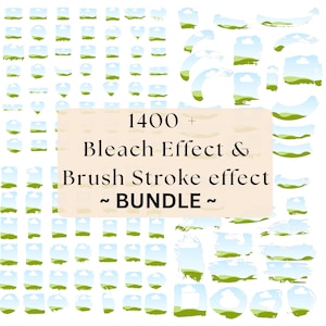 Puede incluir: Una colección digital de más de 1400 gráficos con efecto de lejía y pincelada que presentan un patrón de paisaje repetitivo de colinas verdes y cielos azules con nubes blancas, con el texto 1400 + Bleach Effect & Brush Stroke effect ~ BUNDLE ~.